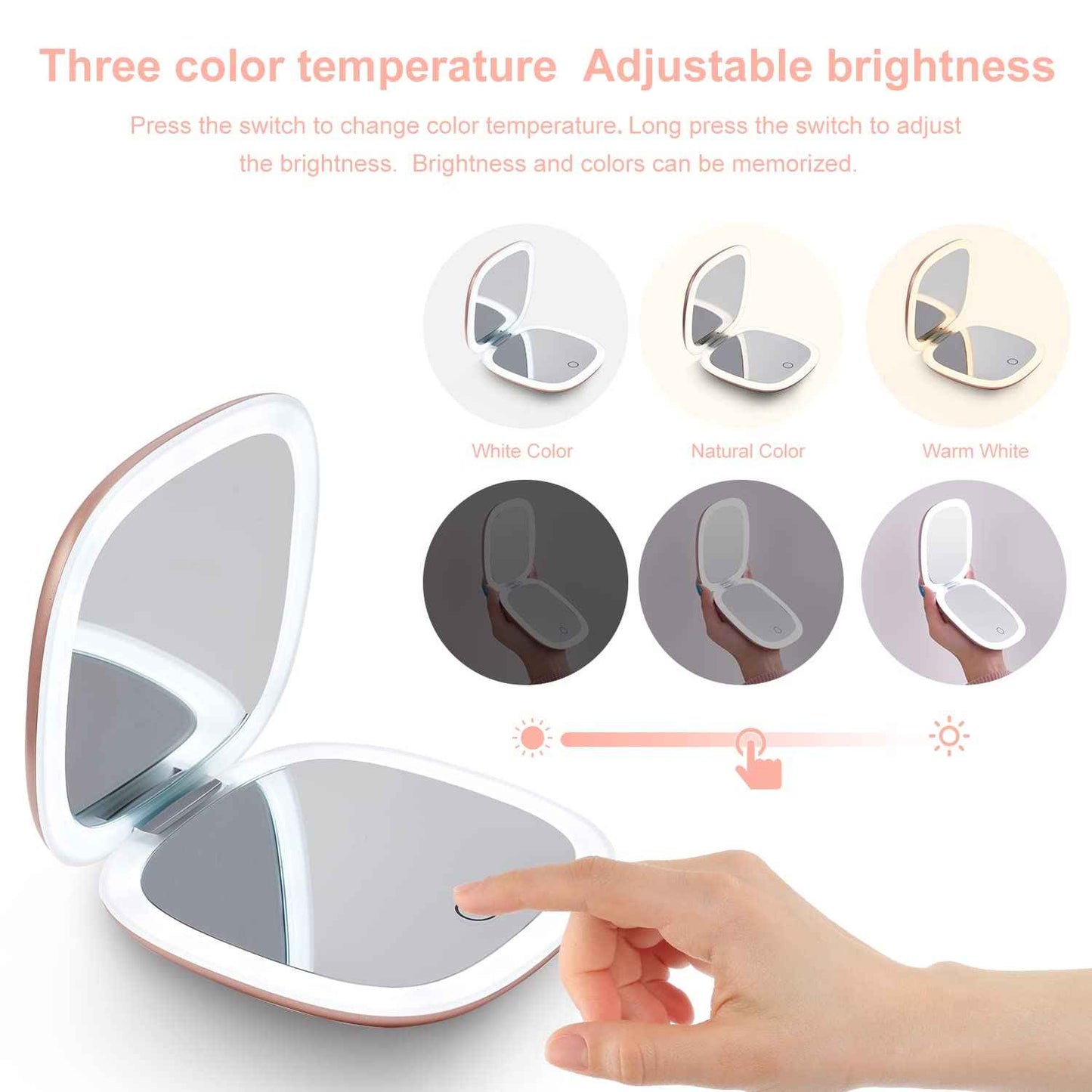 Mocado Compact LED Magnifying Travel Makeup-Mirror - 4 inches 1X/10X Magnification Small Hand Pocket Dimmable Double Sided USB Rechargeable Touch Screen, Portable Tabletop Cosmetic (Rose Gold)