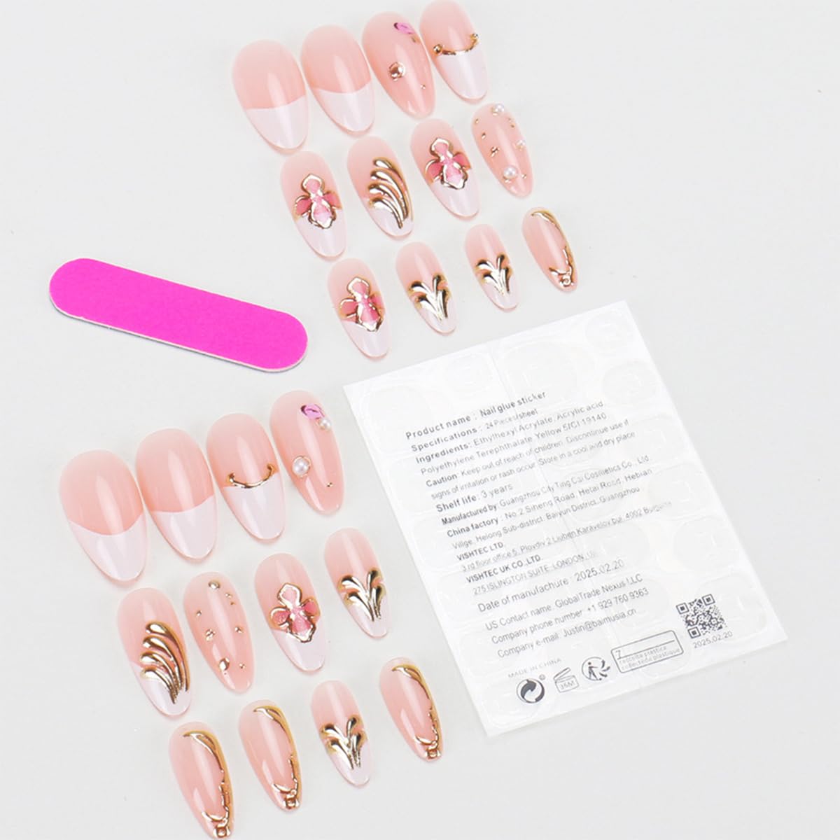 Almond Press on Nails Medium Pink Fake Nails Kit 3D Flower Gold Chrome Designs Glossy Fale Nails Acrylic Press Ons White French Tip Glue on Nails Full Cover Stick on Nails for Women Girls 24Pcs