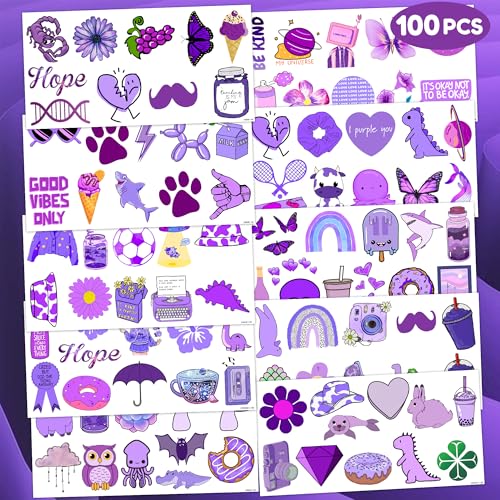 Cute Purple Temporary Tattoos Dark Purple Birthday Party Decorations Favors Supplies Violet Themed Cute Stickers 10 Sheets 100 PCS Gifts for Baby Girls Boys Decor Class School Carnival Christmas