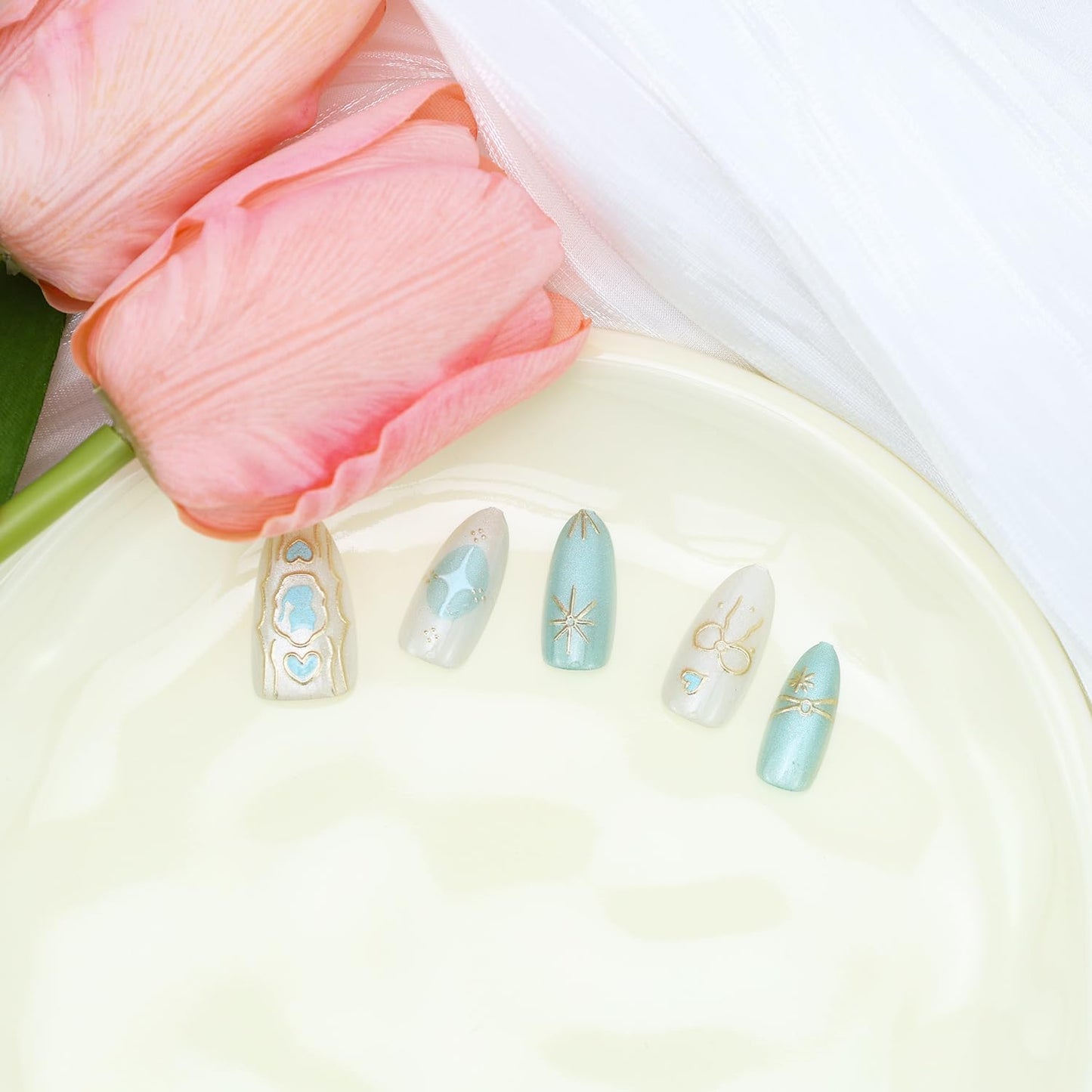 30pcs Blue Press on Nails Short Almond Fake Nails with 3D Gold Bow Heart Star Acrylic Nails Designs Blue Cute Cat False Nails Glue on Nails Glitter Full Cover Stick on Nails for Women Nail Decoration