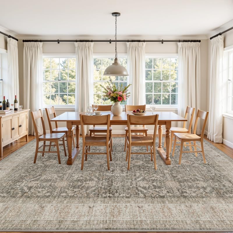 8x10 Washable Area Rug - Living Room Bedroom Taupe Vintage Style