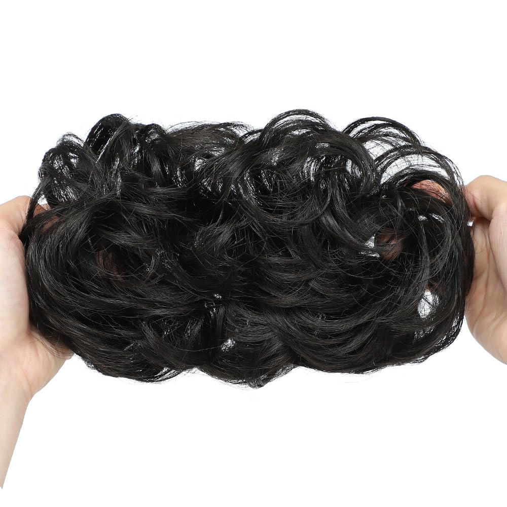 YOLANFAIRY 2PCS Messy Bun Hair Piece Wavy Curly Tousled Updo Hair Buns Synthetic Chignon Elastic Hair Band Fake Bun Hair Pieces for Women (Dark Brown, 2PCS Diverse)