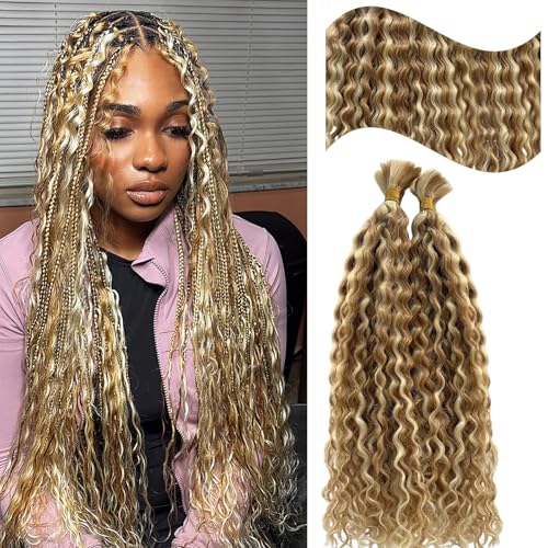 Highlight Human Braiding Hair #27/613 Boho Water Wave Bundles 12 Inch Blonde Highlights