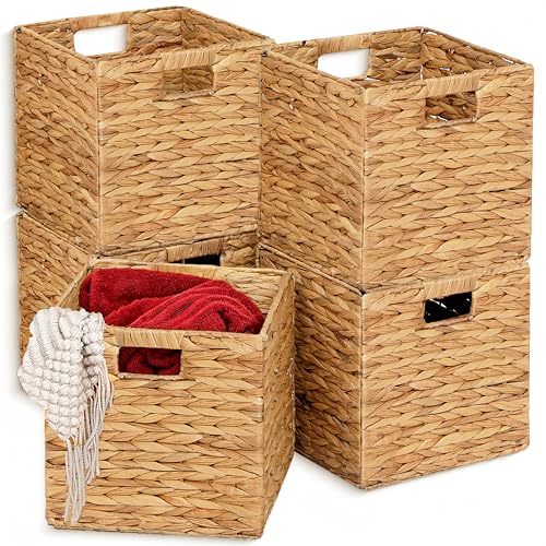 11x11in Water Hyacinth Wicker Storage Baskets Set of 5 Collapsible Organizers