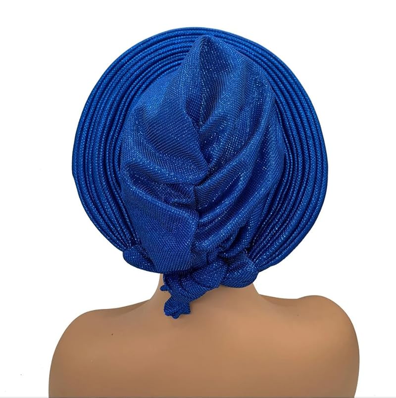 Royal Blue Pre Tied African Headwrap Turban Cap for Women - Nigerian Wedding & Party Head Tie