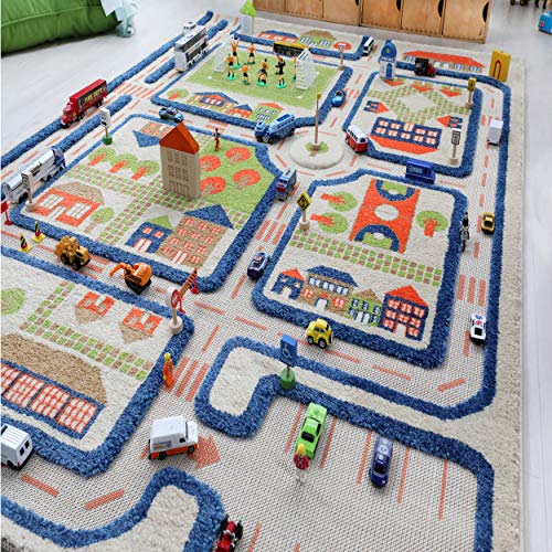 3D Play Rug Traffic Blue - Kids Playmat with Recessed Roads & Landscapes, 39x59 in