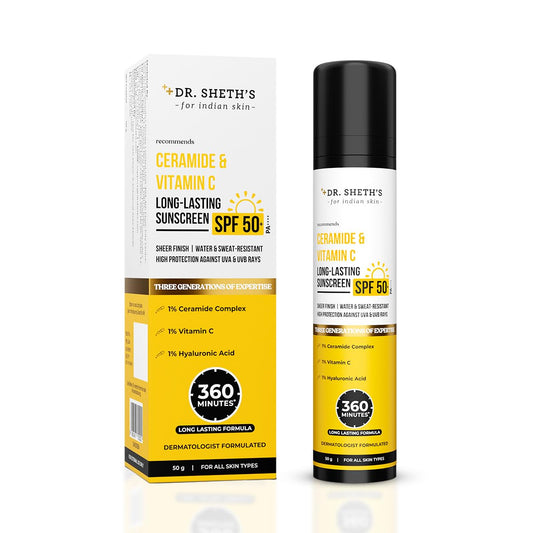 Dr. Sheth's Ceramide & Vitamin C Long lasting Sunscreen SPF 50+ PA++++ | Water & Sweat-Resistant | Non-Greasy & Quick-Absorbing | For Women & Men | 50g