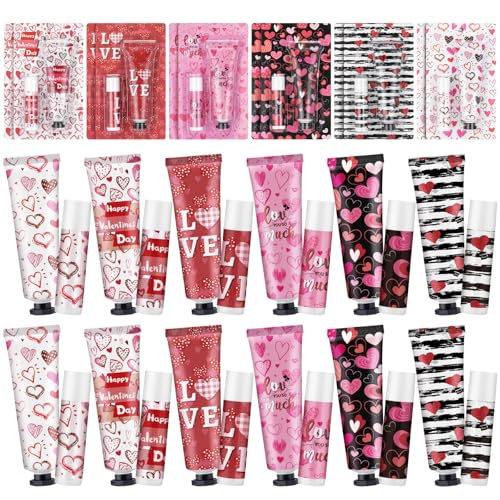 Loopeer 12 Sets Valentine's Day Hand Cream Lip Balm Bulk Gifts Galentine's Day Gift Valentine Party Favor Love Heart Mini Travel Size Moisturizing Hand Lotion for Women Coworker Teacher Nurse, 30 ml