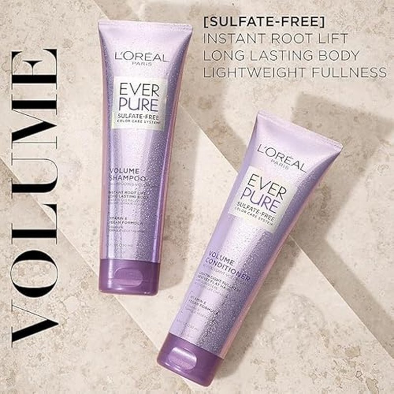 L'Oreal Paris EverPure Volume Sulfate Free Shampoo for Color-Treated Hair, Volume + Shine for Fine, Flat Hair, with Lotus Flower, 2 Count (8.5 Fl; Oz each) (Packaging May Vary)
