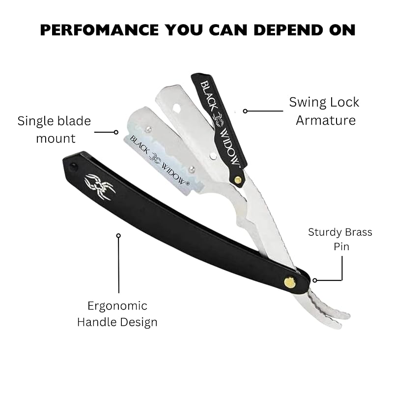 Black Widow Professional Barber Straight Edge Razor – 1.5mm Blade Exposure, 2.6 oz Stainless Steel Shavette (10 DE Blades) – Matte Black & Chrome, Swing-Lock