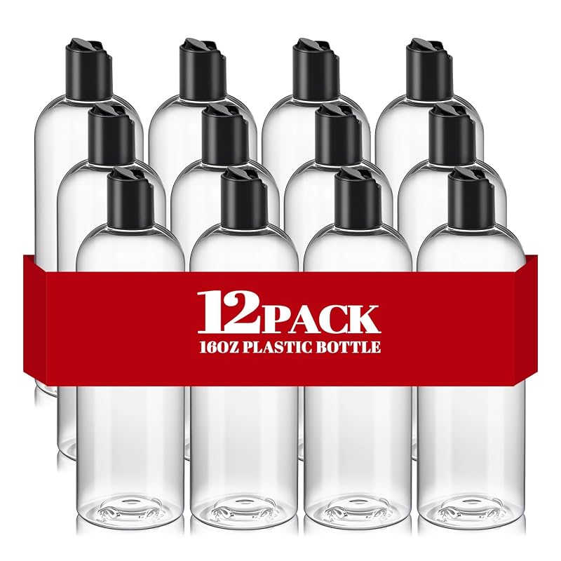 12Pcs 16oz Clear Plastic Refillable Travel Bottles with Black Disc Top Caps - Variation: Clear+16 Ounces (Pack of 12)
