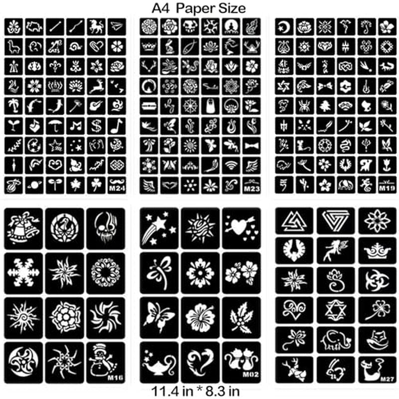229pcs Henna Tattoo Stencils, 19 Sheets Temporary Tattoo Stencils for Women Face Body Paint DIY Art Glitter Airbrush Tattoo Pack