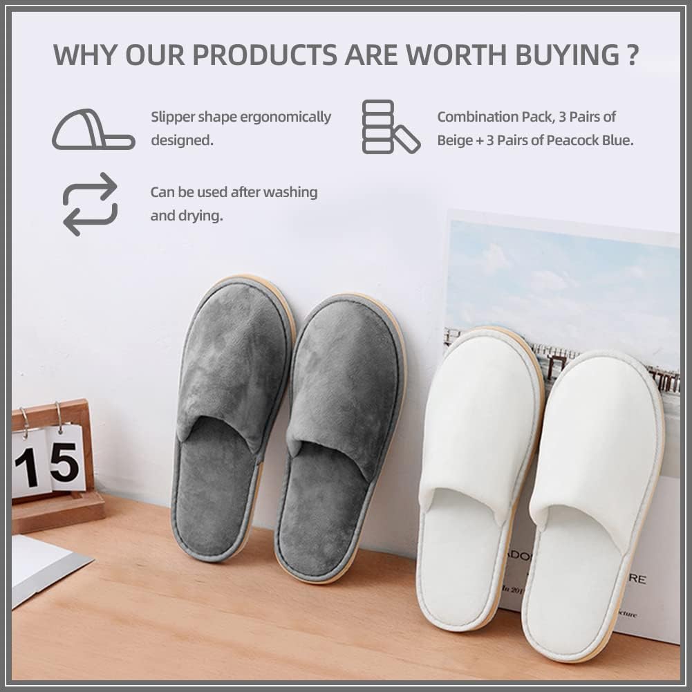 Non-Slip Disposable Slippers - 2-6 Pairs, Washable Velvet Closed Toe for Guests, Hotel & Spa