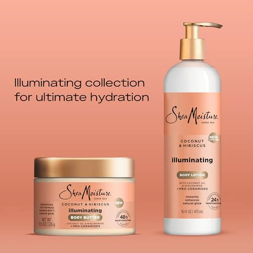 SheaMoisture Illuminating Body Lotion with Coconut Oil, Hibiscus, Niacinamide and Pro-Ceramides, Instantly Enhancing Skin's Natural Glow, 24H Moisturizing 16 oz