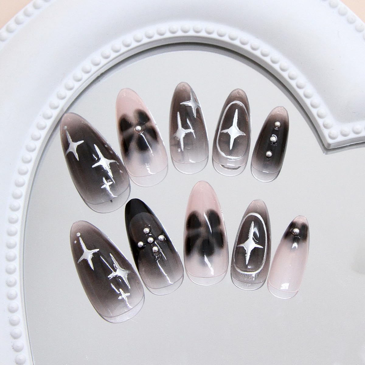 24Pcs Black Press on Nails Medium Almond Fake Nails Black Flower with Silver Star Full Cover Glue on Nails Reusable Acrylic Star False Nails Glossy Stick on Nails for Women Girls Manicure Salon Kits