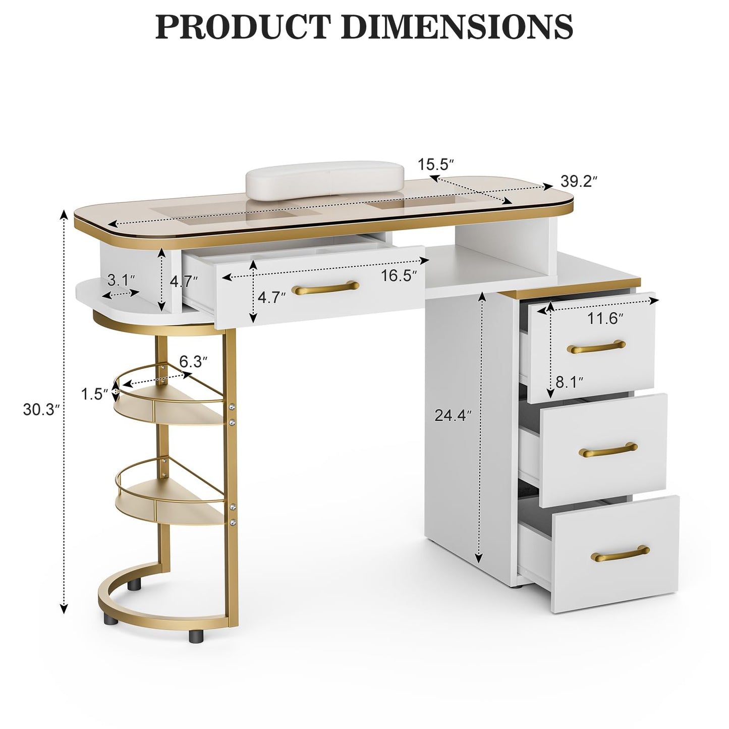 Paddie Manicure Table for Nail Tech, Glass Top Nail Desk Station w/4 Drawers & 2-Tier Storage Shelves, Salon Beauty Workstation Acetone Resistant w/Wrist Cushion, Golden Handles (White)