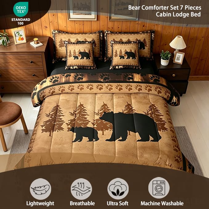 Queen Size Bear Comforter Set - Rustic Lodge Animal Bed in a Bag, 7 Pieces, Brown & Black