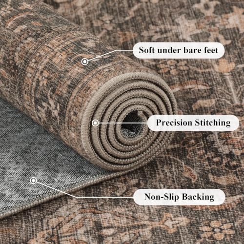 JOOJA 8x10 Dark Brown Vintage Low Pile Area Rug - Non-Slip Washable Boho Carpet