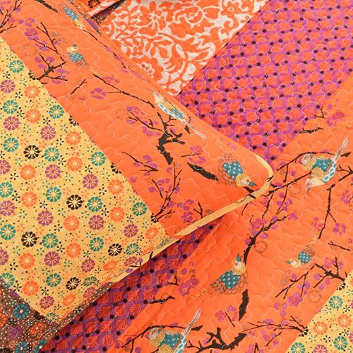 King Reversible Cotton Quilt Set - Tangerine Striped & Floral Bedding - Boho Decor