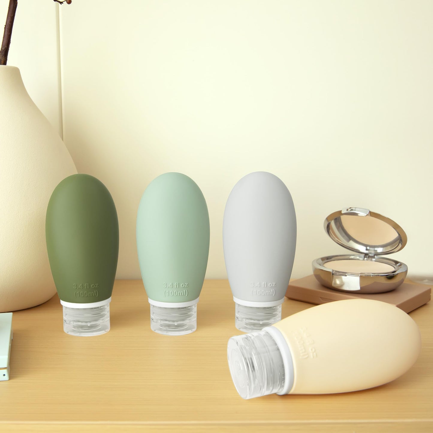 3.4 oz Silicone Travel Bottles for Toiletries, 4 Pack TSA Approved BPA Free Containers Set Leak Proof Refillable Squeezable Travel Accessories for Shampoo Conditioner Lotion Gray white blue green