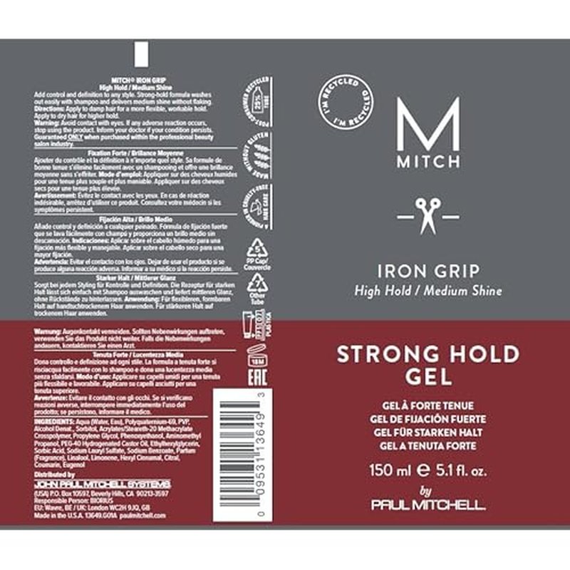MITCH by Paul Mitchell Iron Grip Strong Hold Gel, High Hold, Medium Shine, For All Hair Types + Textures, 5.1 fl. oz