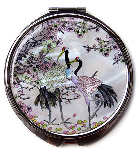 MADDesign Mother of Pearl Compact Mirror with Cranes & Apricot Tree Design - Travel Makeup Mirror, 2.5x Magnification