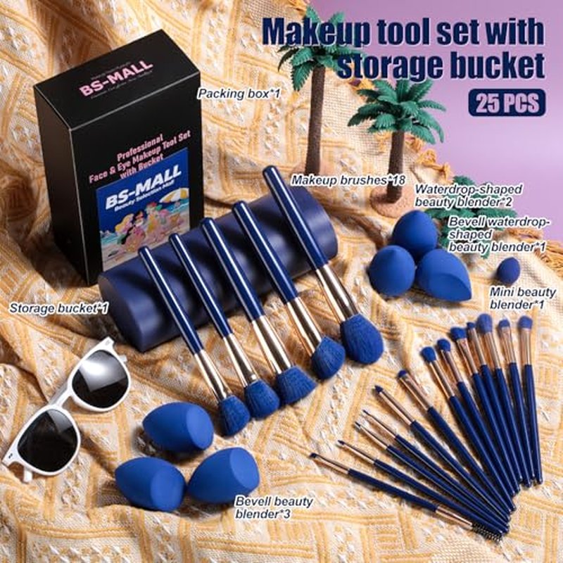 BS-MALL 18 Pcs Makeup Brushes Set With 7 Makeup Blending Sponge - Perfect For Travel & Daily Use - Includes Foundation Brush & Beauty Tools For Flawless Application