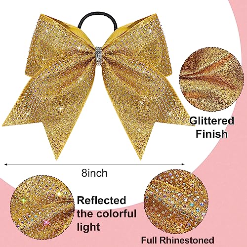 Cheerleader Hair Bows 6-Pack 8 Inch Glitter Gold Rhinestone Cheer Hair Accessories for Girls - Variation: Glitter Gold + Full Rhinestone