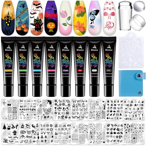 28PCS Nail Stamping Kit with 16 Plates, 8 Gel Polish Colors & Stamper - Nail Art Set