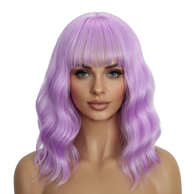 Purple 14-Inch Wavy Bob Wig with Bangs for Women – Heat-Resistant Synthetic Cosplay