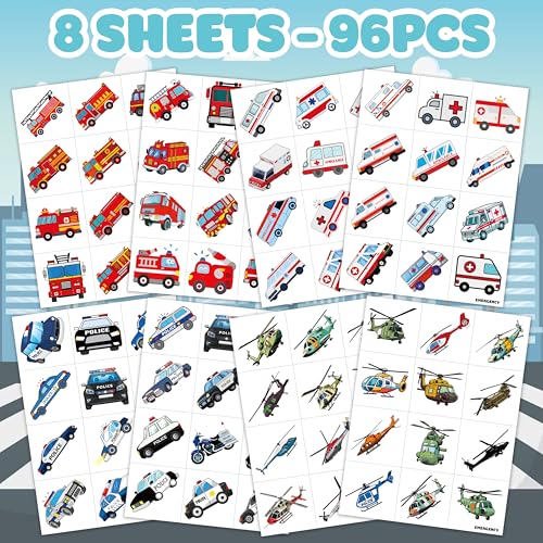 96 PCS Emergency Transportation Pre-Cut Temporary Tattoos Themed Birthday Party Decorations Favors Supplies Decor Vehicle Ambulance Tattoo Stickers Gifts For Game Boys Girls School Prizes Reward