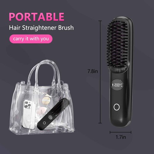 Cordless Straightening Brush, Rechargeable Ionic Straightening Brush, Wireless and Portable Straightening Brush, Women's Mini Straightener for Home & Travel (Black)