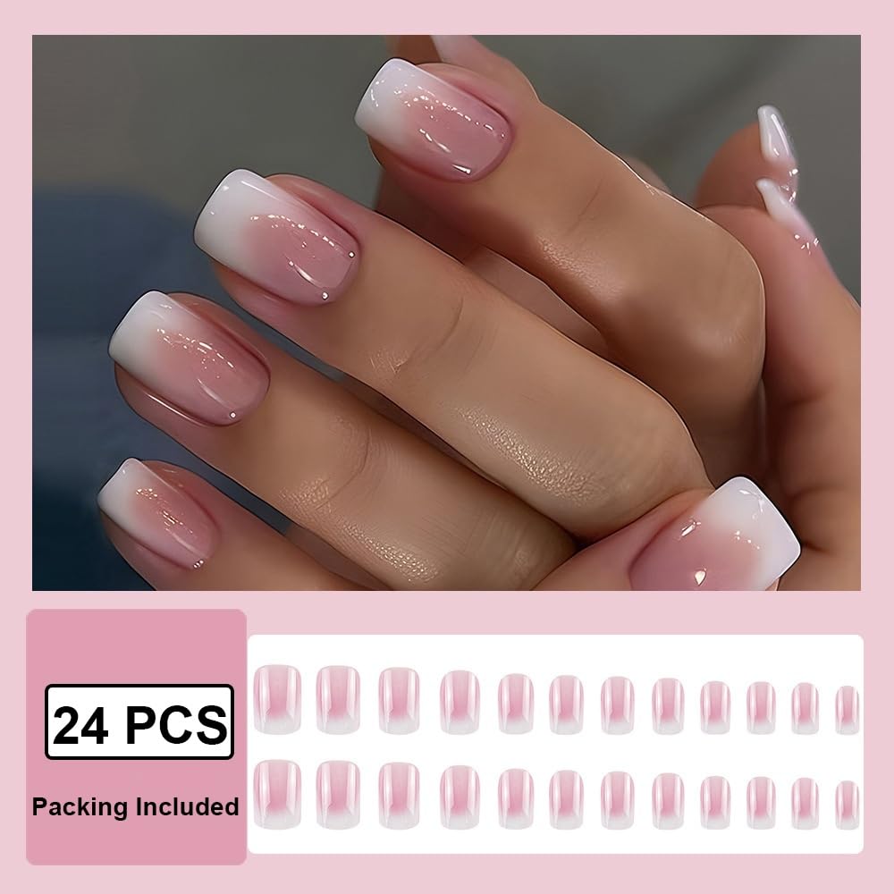 Press on Nails Kit Medium Square Ombre Nude Pink White Fake Glue ons Nails Set with Design Full Cover Artificial False Stick on Acrylic Nail for Women 24PCS