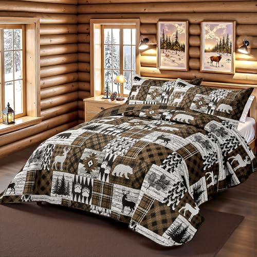 Reversible Cabin King Size Quilt Set with Shams - Bear Brown, Rustic Farmhouse Bedding