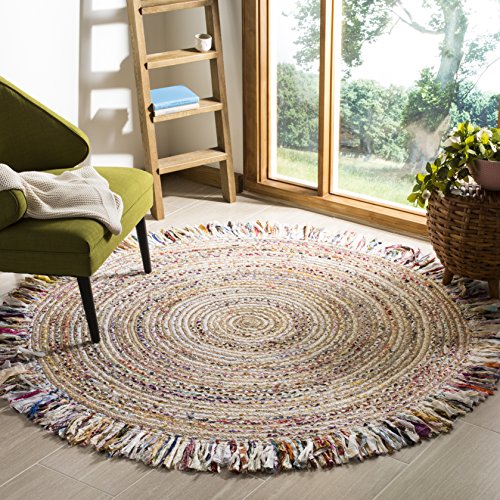 Round Ivory Light Beige Area Rug 5 ft Handmade Boho Jute & Cotton with Fringe