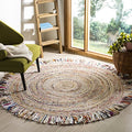 Round Ivory Light Beige Area Rug 5 ft Handmade Boho Jute & Cotton with Fringe