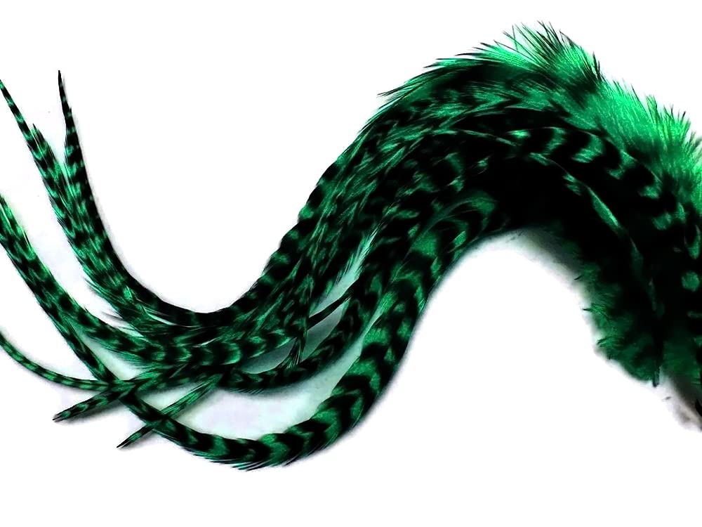 Moonlight Feather, Hair Extension Feathers - Peacock Green Thick Long Grizzly Rooster Hair Extension Feathers - 7-11 Inches Long - 6 Pieces Per Pack