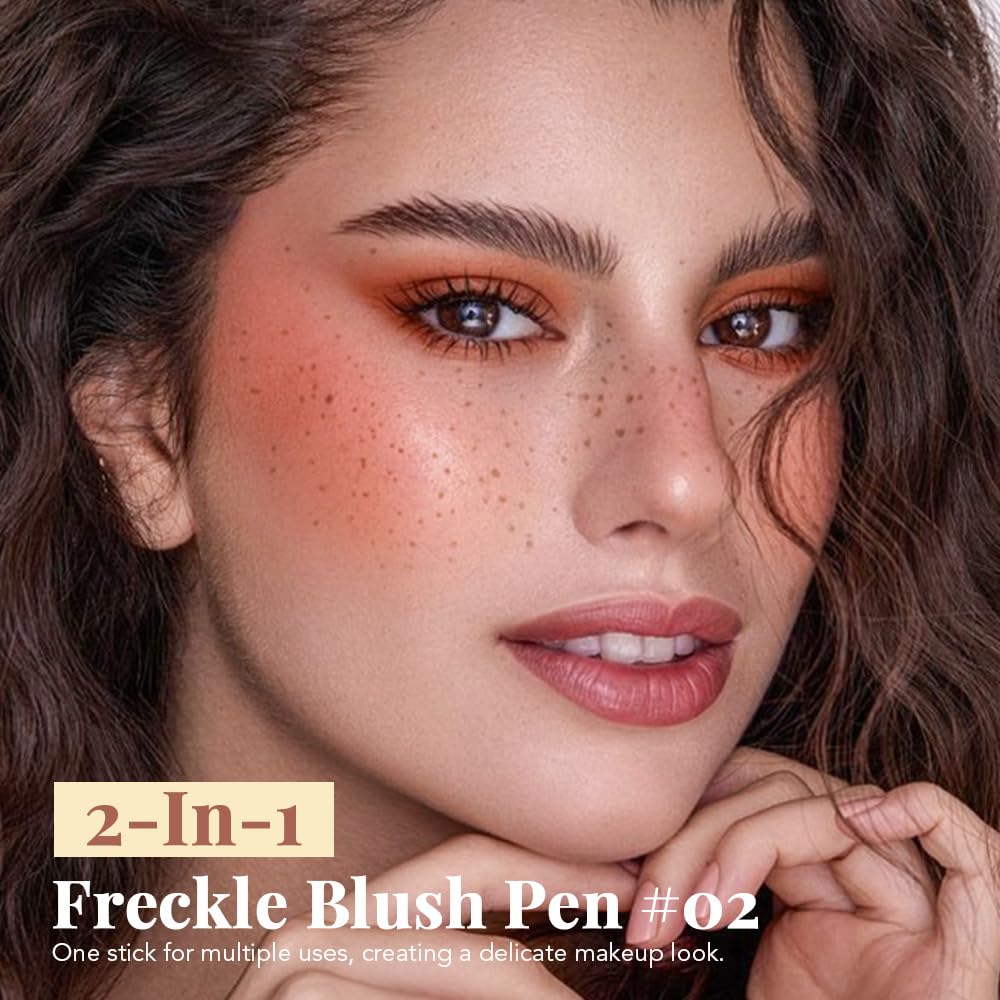 Freckle Blush Pen,2 in 1 Double-ended Waterproof Long Lasting Ultra-Blendable Quick Dry Coffee Freckle Stamp Pencil and Orange Liquid Blush for Natural Face Makeup,Vegan & Cruelty -free