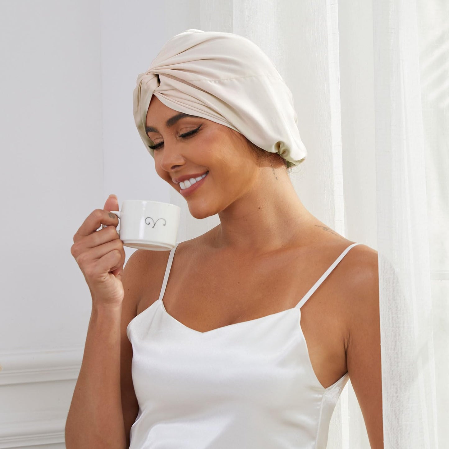 ZXYCLOPS Adjustable double-layer silk satin nightcap, suitable for wrapping hair while sleeping, for long curly hair, woven champagne color