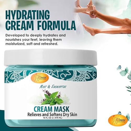 SPA REDI - Body and Foot Cream Mask, Mint and Eucalyptus, 16 Oz - Pedicure Massage for Tired Feet and Body, Hydrating, Fresh Skin