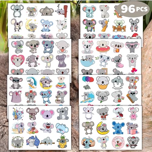 96PCS Koala Temporary Tattoos for Kids - Cute Birthday Party Supplies, Fun Stickers for Boys & Girls, Classroom Prizes, Themed Party Favors, Fun Kids Gifts