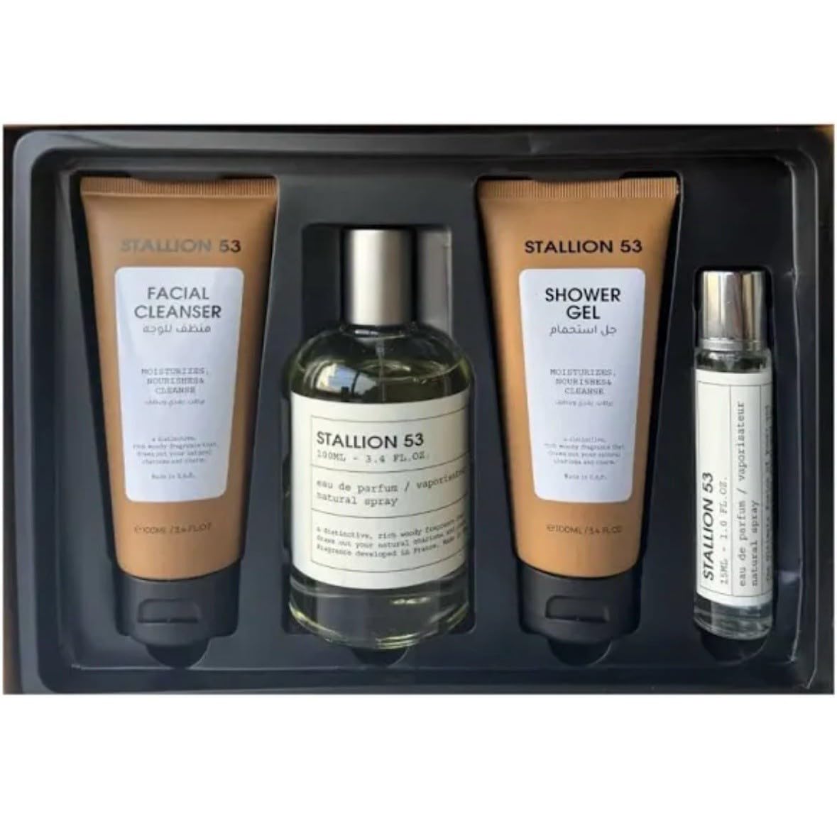 Stallion 53 Luxury Men's Gift Set, 4-in-1 with Eau de Parfum 3.4 Fl Oz, Facial Cleanser, Shower Gel