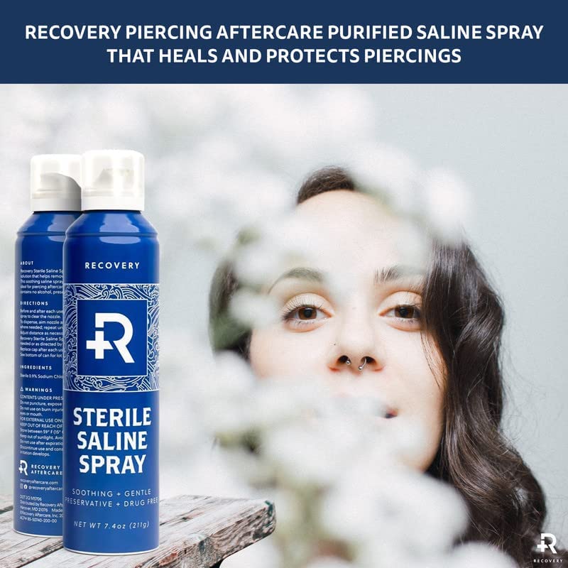 Recovery Aftercare Saline Piercing Aftercare Spray - Sterile Saline Solution for Ear, Belly & Nose Piercings - Removes Dirt & Debris - Soothing & Gentle Cleaner - Vegan & Preservative-Free (7.4 oz)