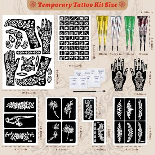 Kids & Adults Temporary Tattoo Kit with 8 Colors, Stencils & Ink - Waterproof & Safe