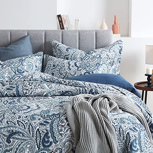 Reversible Cotton Bedspread Quilt Set - Blue Floral Paisley King Size - Autumn Dream