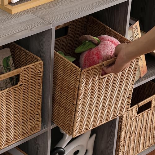 Khaki Collapsible Plastic Wicker Storage Baskets Set of 4 - 10.5 x 10.5 Inches