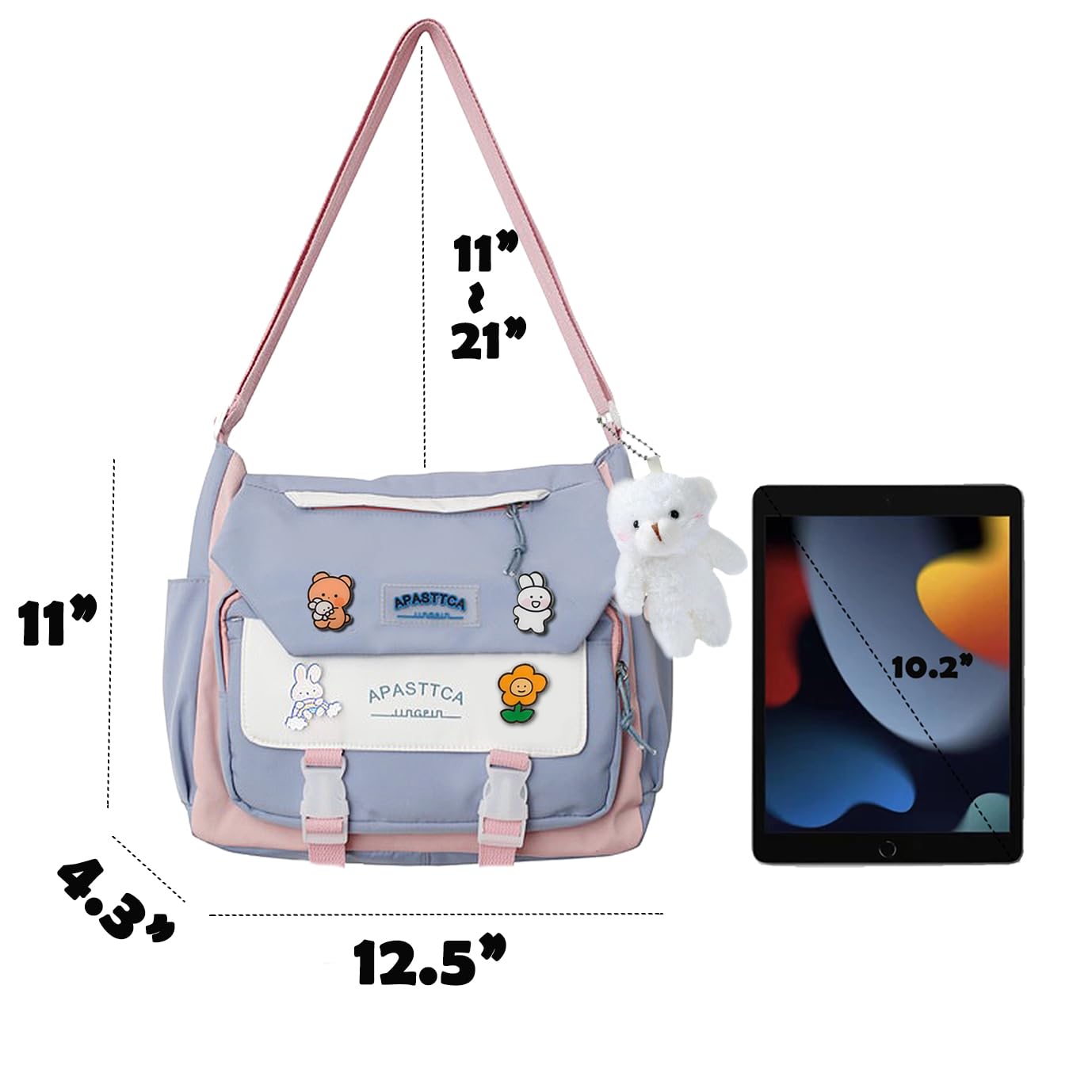 PRLINJSK Cute Messenger Bag for Teen Girls Women, Kawaii Crossbody Shoulder Purse with Pins and Stuffed Pendant Gift