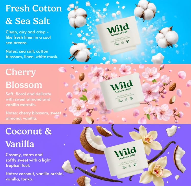 Wild Aluminum Free Natural Deodorant Starter Kit - Refillable Case & 3 Scents - Women's Fresh Variety