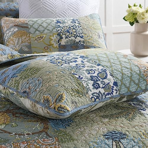 Reversible Cotton Bedspread Quilt Set with Shams - Rustic Patchwork, Queen Size, Sage Green, Floral / Branch Variation