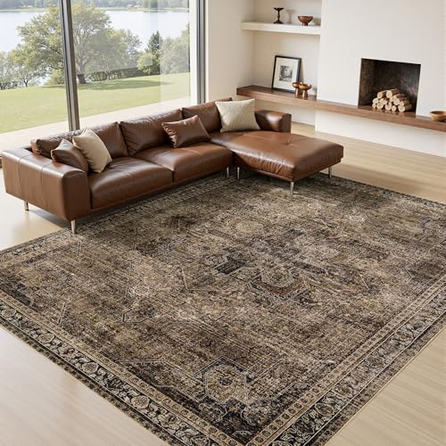 Large Washable Area Rug 8x10 Brown Faux Wool Vintage Print Non-Slip Backing